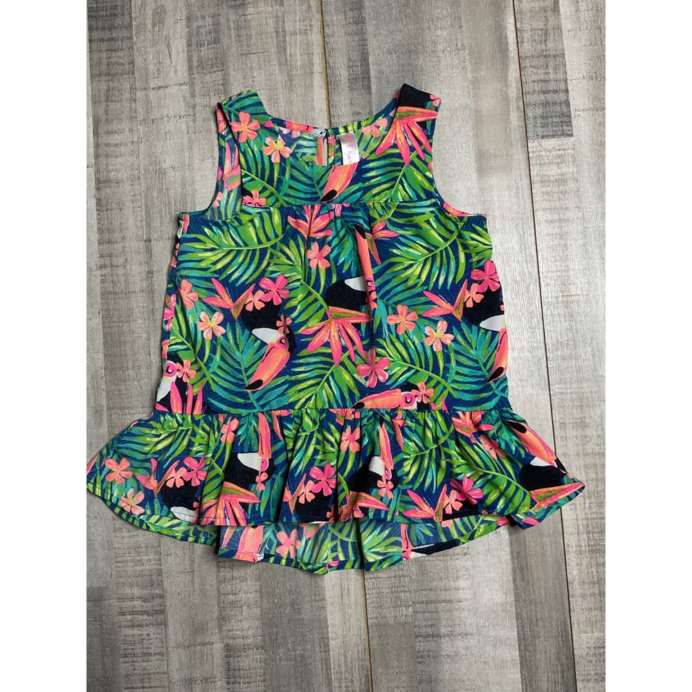 Cherokee Girls 5T Tropical Toucan Floral Sleeveless Ruffle Hem High-Low Top